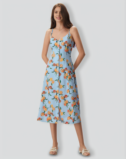 Women's Blue Fruit Print Slip Midi Dress