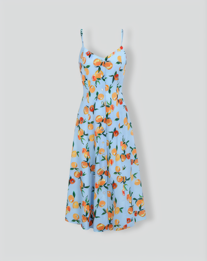 Women's Blue Fruit Print Slip Midi Dress