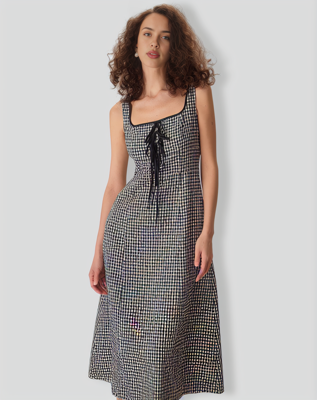 The Black Square Neck Tie Plaid Midi Dress
