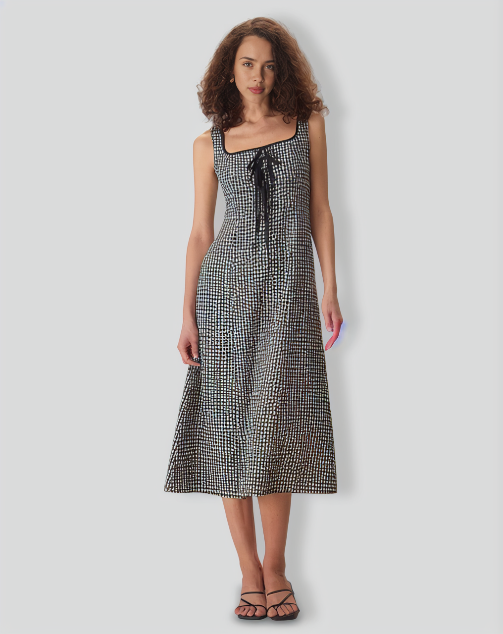 The Black Square Neck Tie Plaid Midi Dress