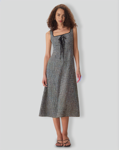 The Black Square Neck Tie Plaid Midi Dress