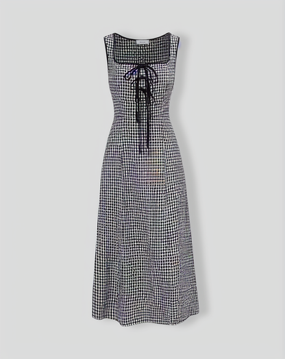 The Black Square Neck Tie Plaid Midi Dress