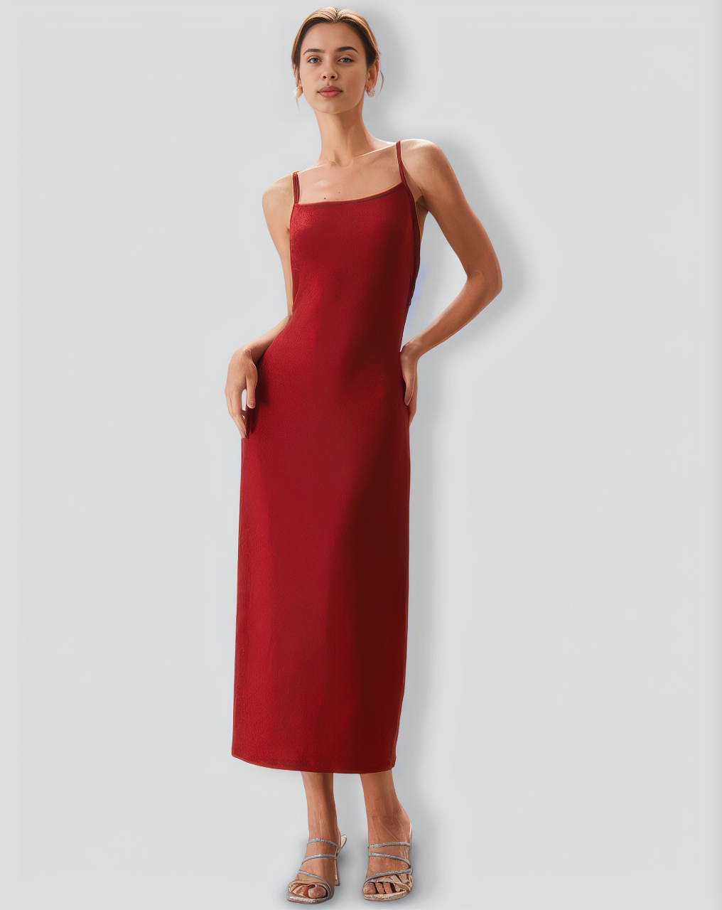 The Red Lurex Twist Back Slip Maxi Dress