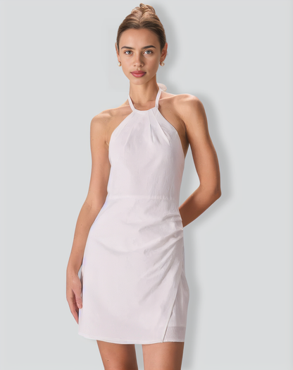The White Ruched Halter Mini Dress