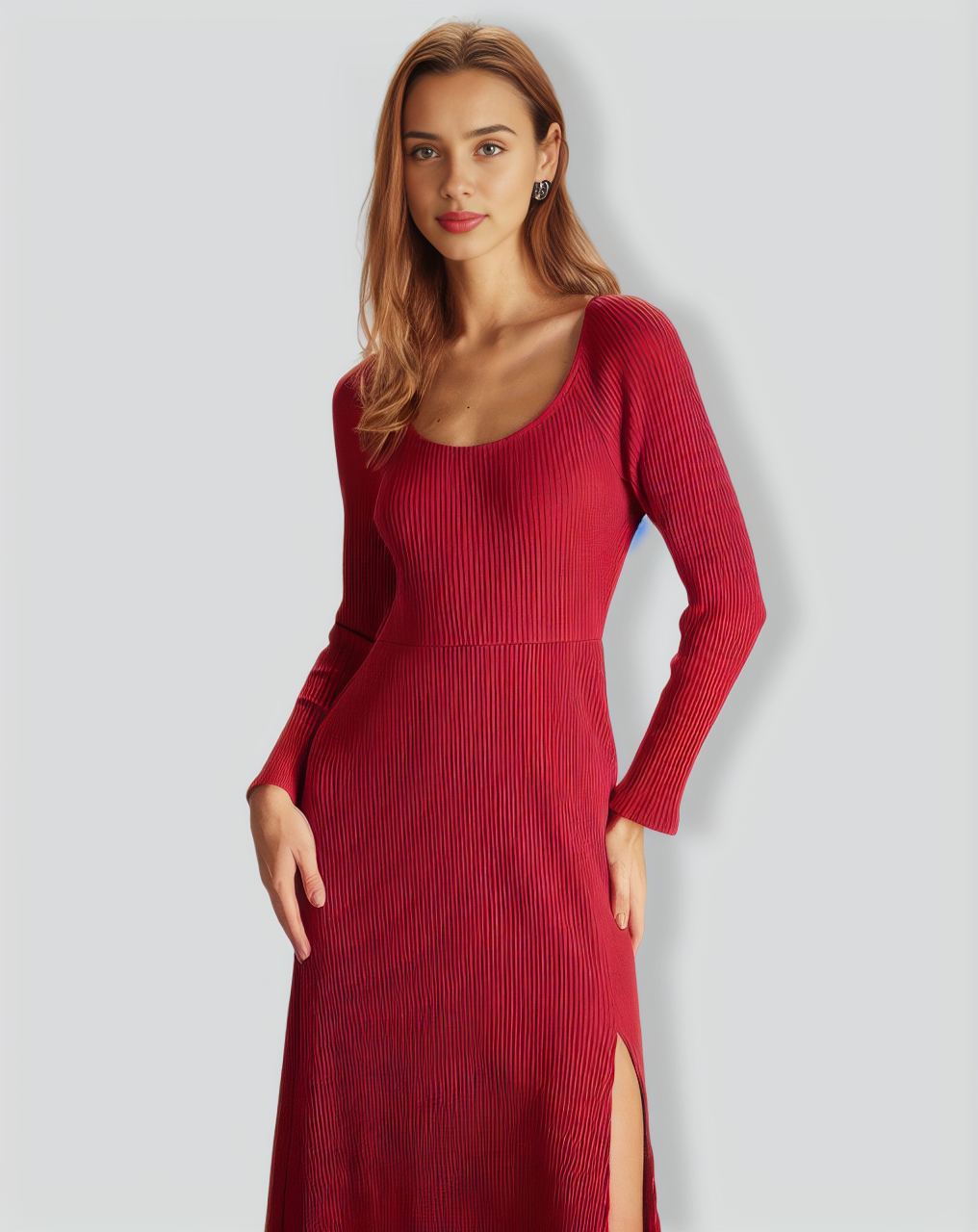 The Red Ribbed Side Split A-Line Maxi Dress