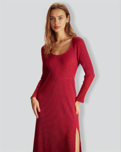 The Red Ribbed Side Split A-Line Maxi Dress