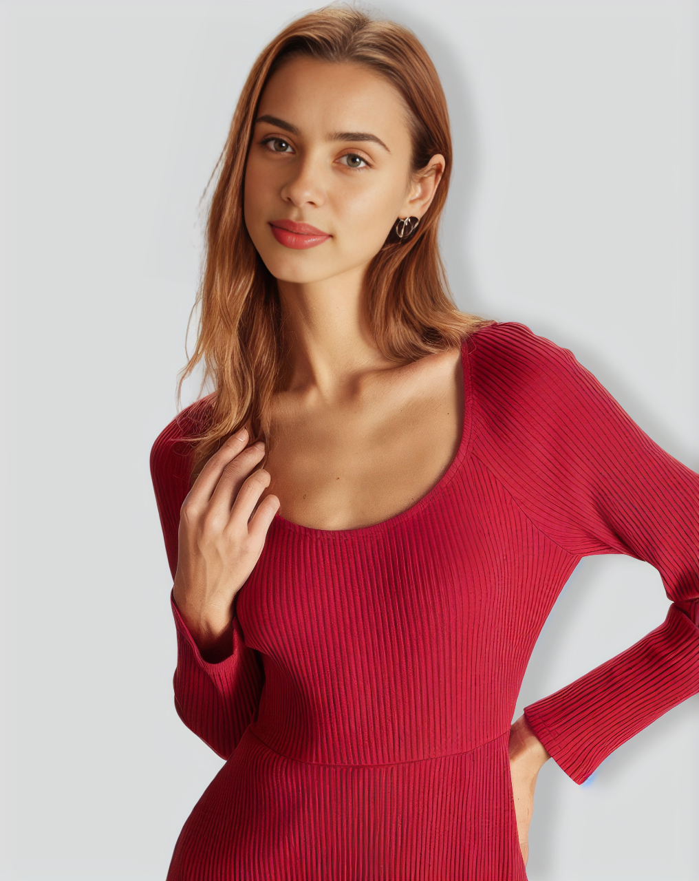 The Red Ribbed Side Split A-Line Maxi Dress