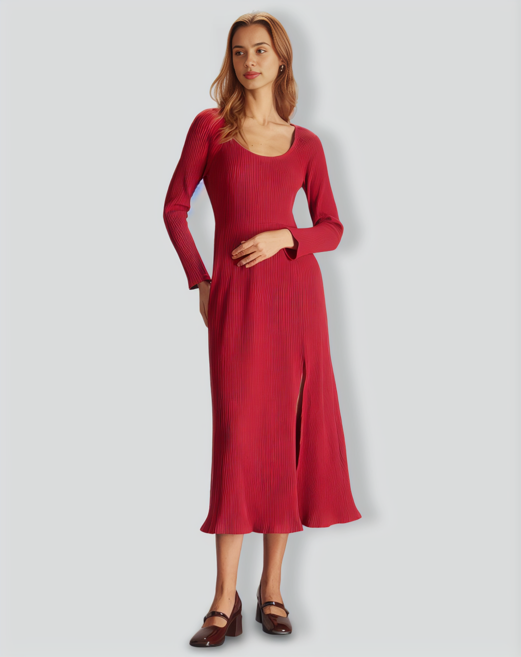 The Red Ribbed Side Split A-Line Maxi Dress