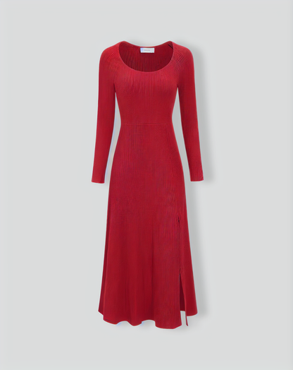 The Red Ribbed Side Split A-Line Maxi Dress