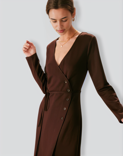 The Coffee V Neck Button Wrap Midi Dress