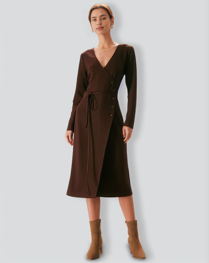 The Coffee V Neck Button Wrap Midi Dress