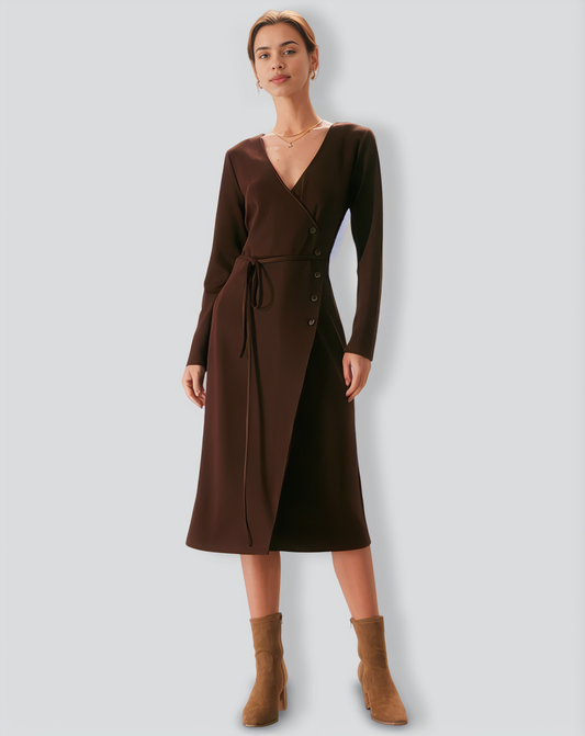 The Coffee V Neck Button Wrap Midi Dress