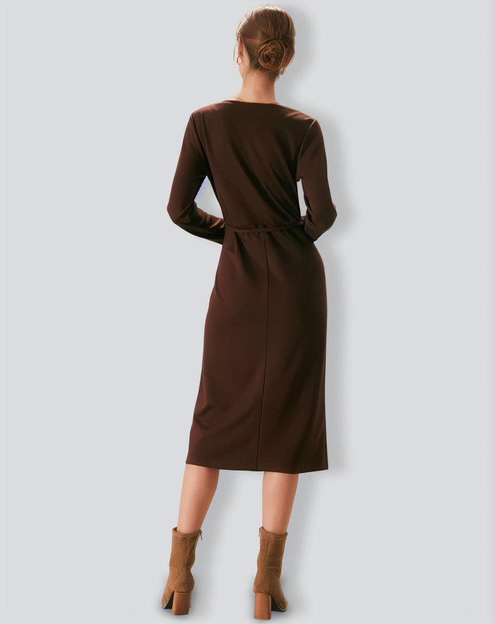 The Coffee V Neck Button Wrap Midi Dress
