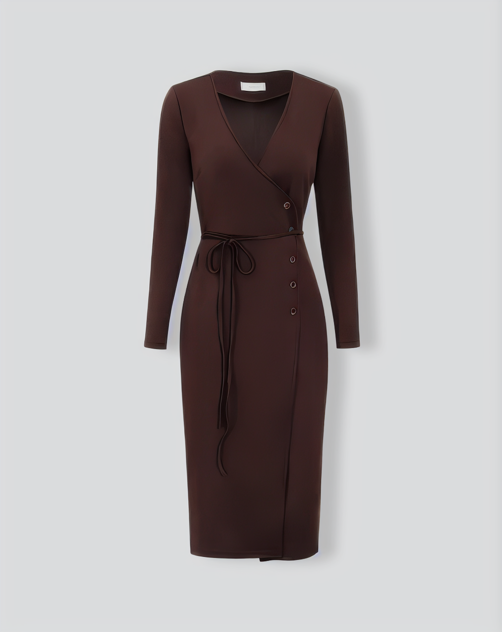 The Coffee V Neck Button Wrap Midi Dress