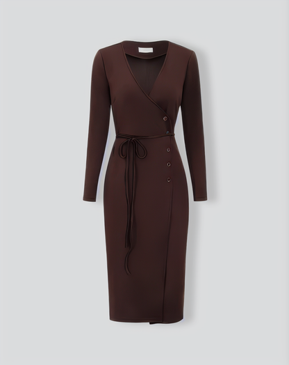The Coffee V Neck Button Wrap Midi Dress