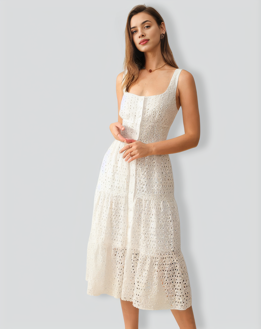 The Square Neck Tiered Hem Midi Dress