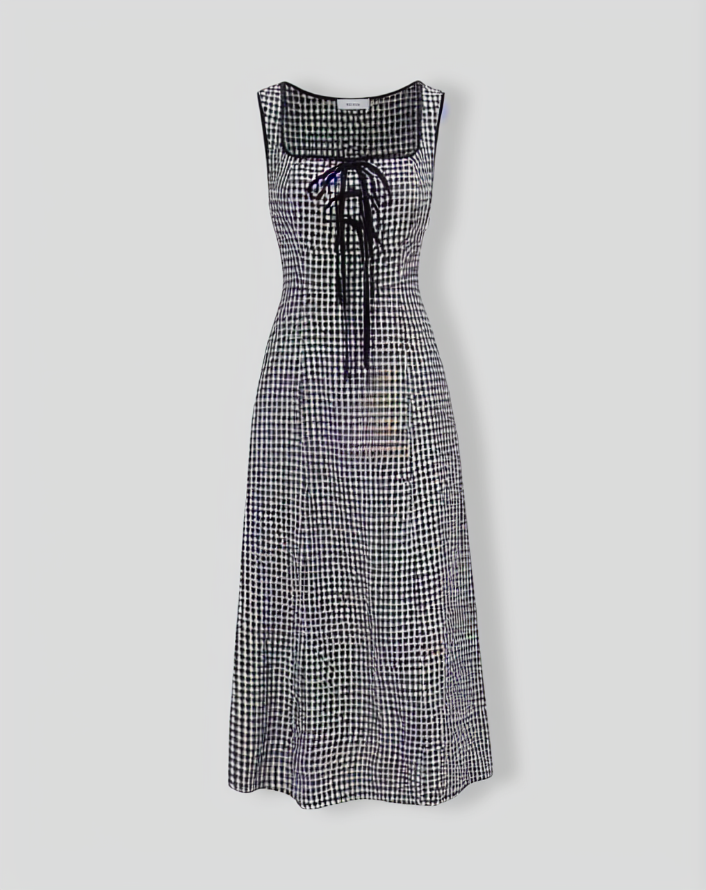 The Black Square Neck Tie Plaid Midi Dress