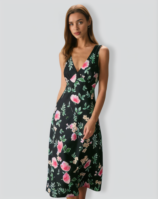The Black V Neck Tie Back Floral Midi Dress