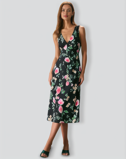 The Black V Neck Tie Back Floral Midi Dress