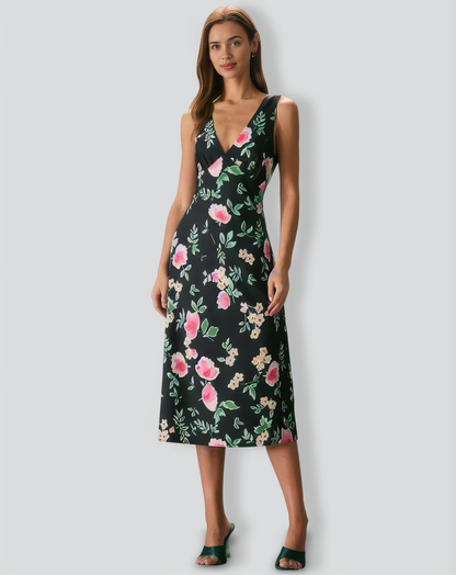 The Black V Neck Tie Back Floral Midi Dress