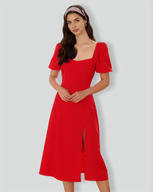 The Red Sweetheart Neck Slit Midi Dress