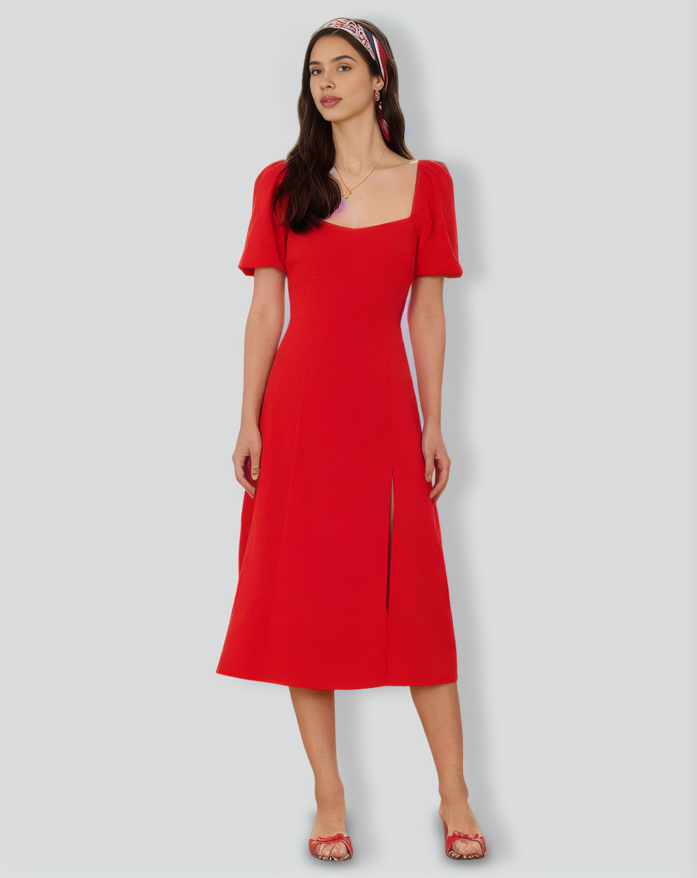 The Red Sweetheart Neck Slit Midi Dress