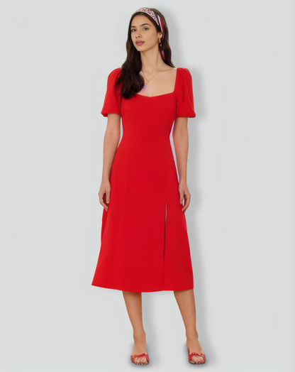 The Red Sweetheart Neck Slit Midi Dress