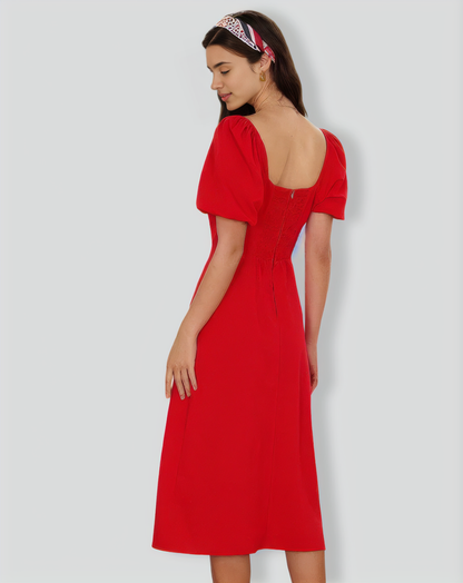 The Red Sweetheart Neck Slit Midi Dress