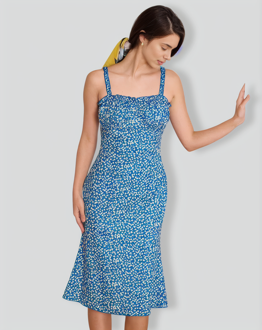 The Blue Floral Frill Trim Midi Dress