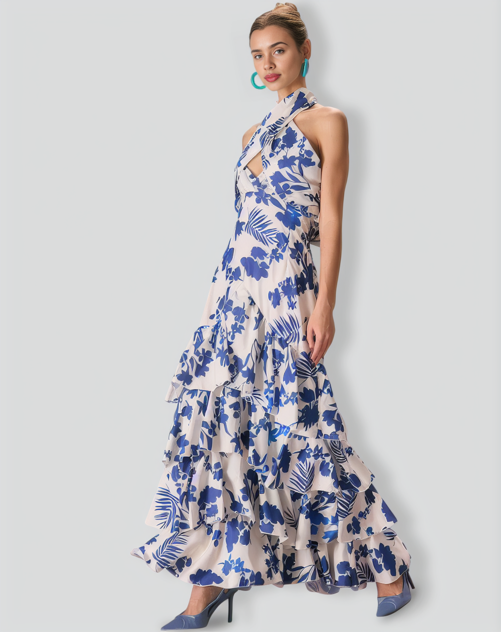 The Blue Halter Cut Out Ruffle Maxi Dress