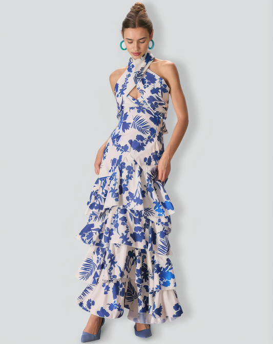 The Blue Halter Cut Out Ruffle Maxi Dress