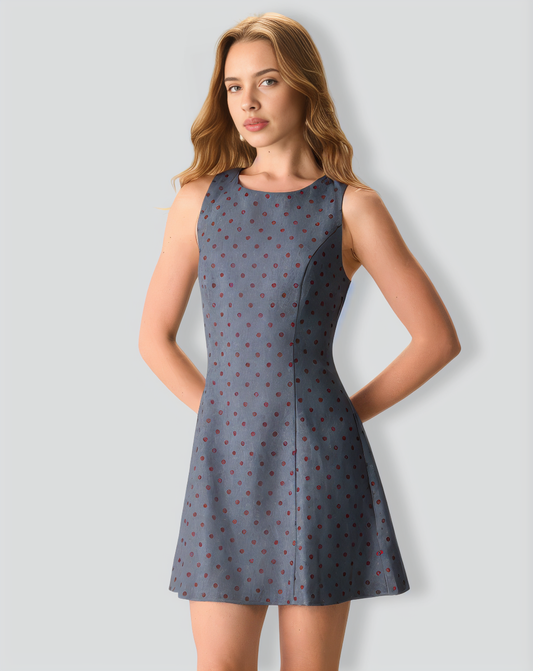The Grey Round Neck Polka Dot Mini Dress