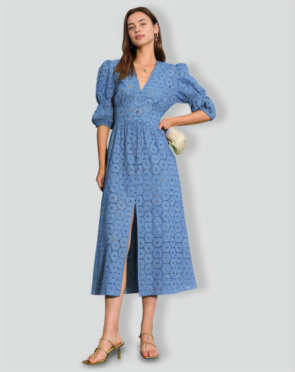 The Blue Puff Sleeve Cutout Slit Maxi Dress