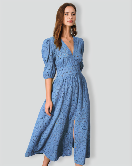 The Blue Puff Sleeve Cutout Slit Maxi Dress