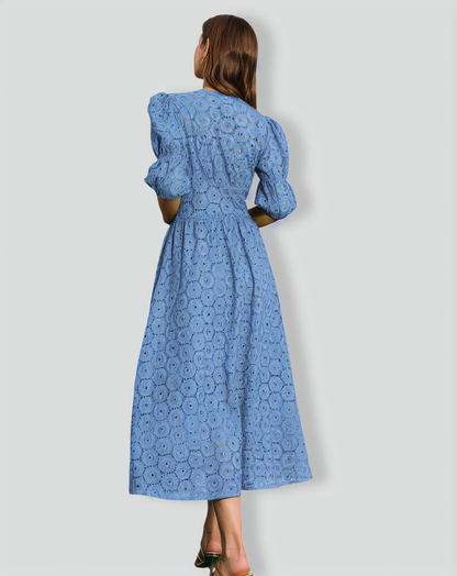 The Blue Puff Sleeve Cutout Slit Maxi Dress