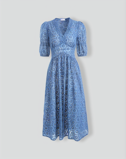 The Blue Puff Sleeve Cutout Slit Maxi Dress