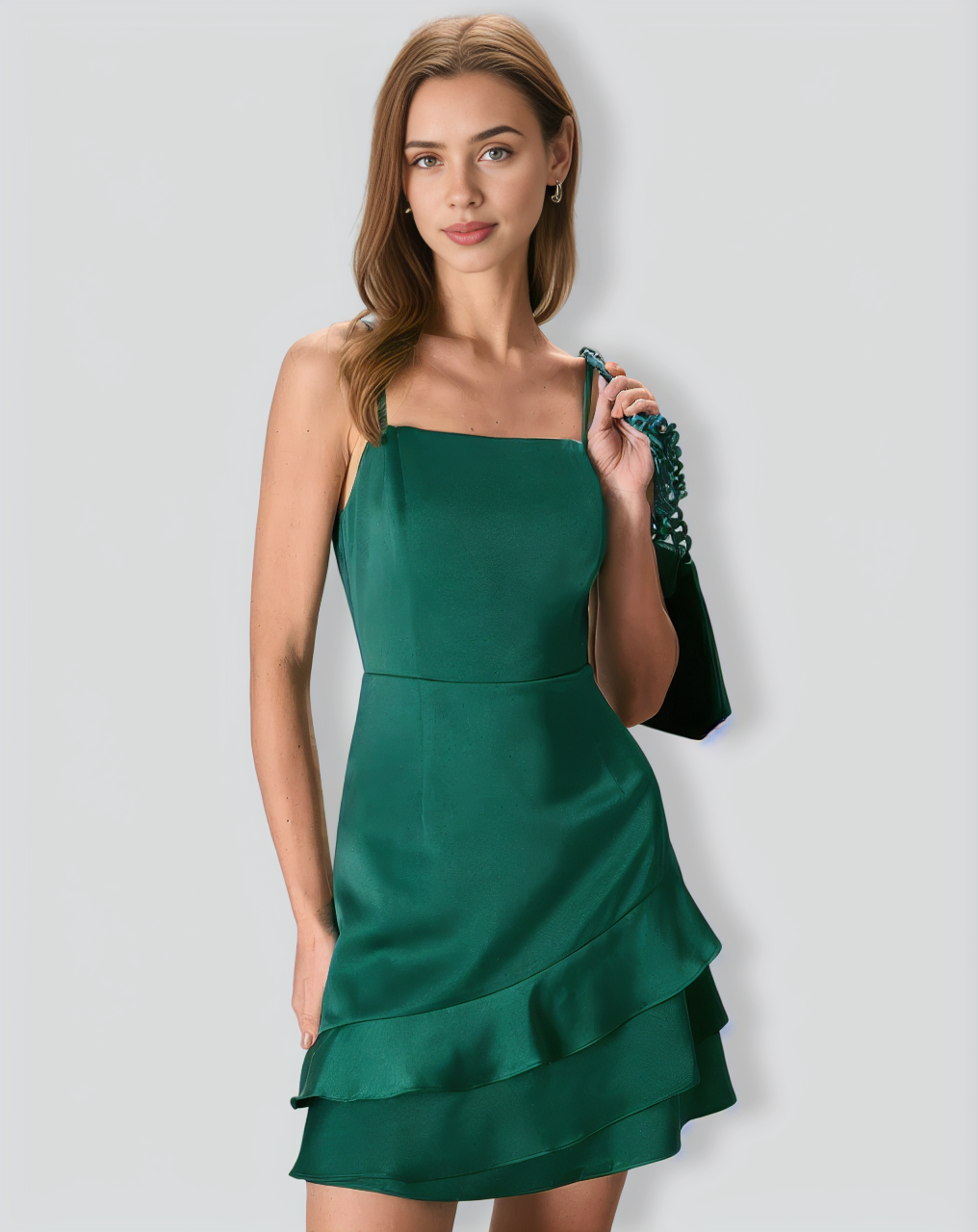 The Green Satin Ruffle Hem Slip Mini Dress