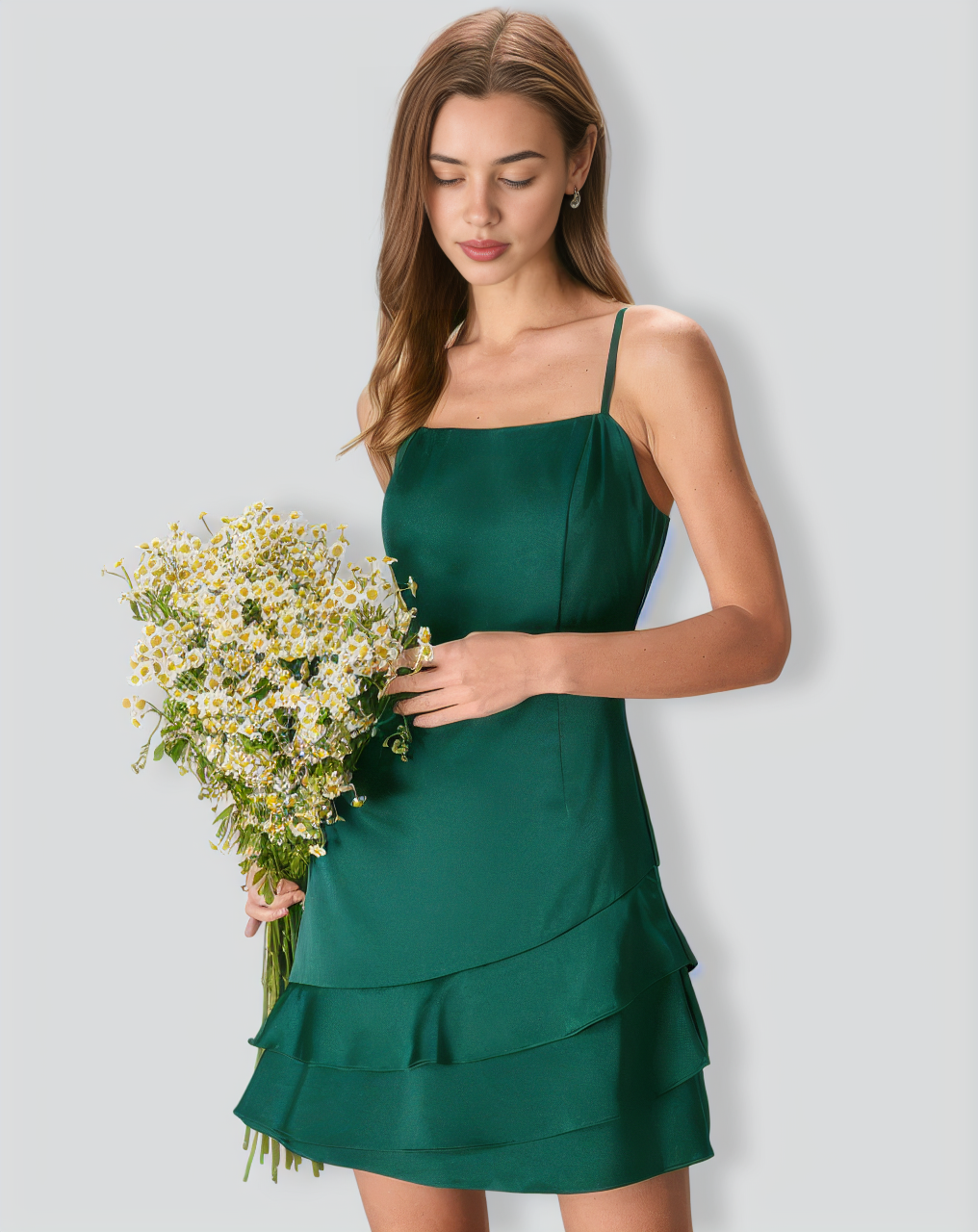 The Green Satin Ruffle Hem Slip Mini Dress