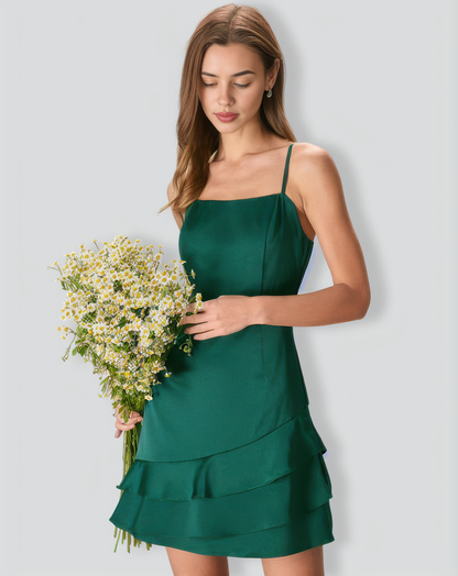 The Green Satin Ruffle Hem Slip Mini Dress