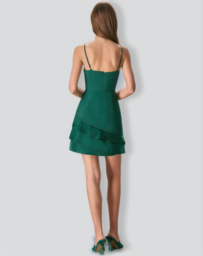The Green Satin Ruffle Hem Slip Mini Dress