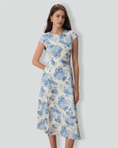 The Blue Round Neck Cap Sleeve Floral Midi Dress