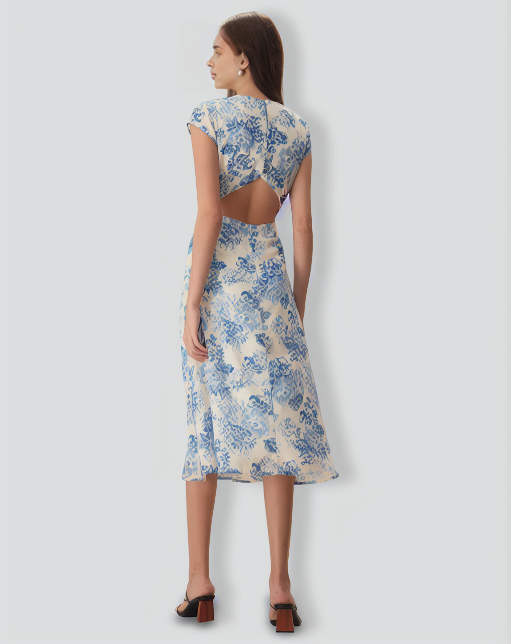 The Blue Round Neck Cap Sleeve Floral Midi Dress