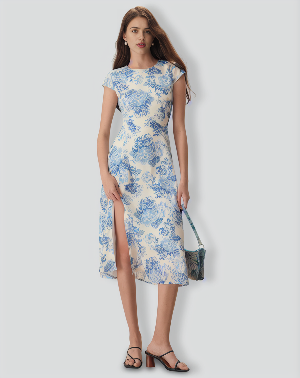 The Blue Round Neck Cap Sleeve Floral Midi Dress