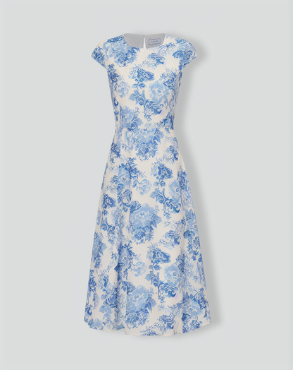 The Blue Round Neck Cap Sleeve Floral Midi Dress