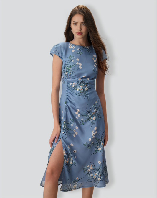 The Blue Round Neck Slit Floral Midi Dress