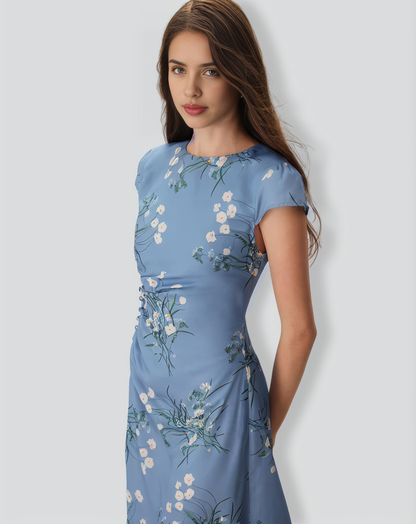 The Blue Round Neck Slit Floral Midi Dress