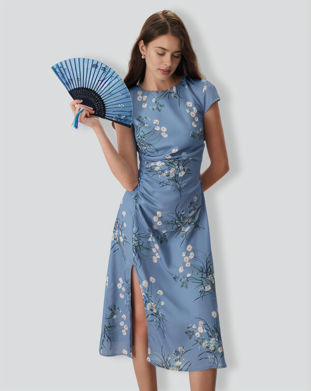 The Blue Round Neck Slit Floral Midi Dress
