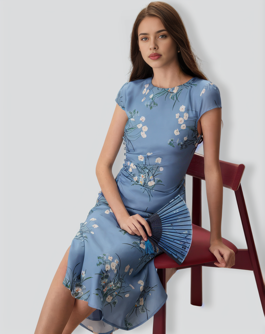 The Blue Round Neck Slit Floral Midi Dress