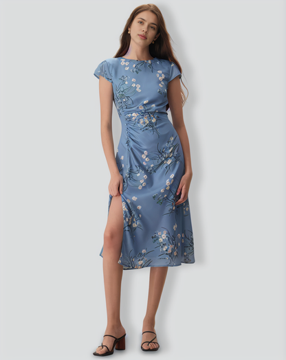 The Blue Round Neck Slit Floral Midi Dress