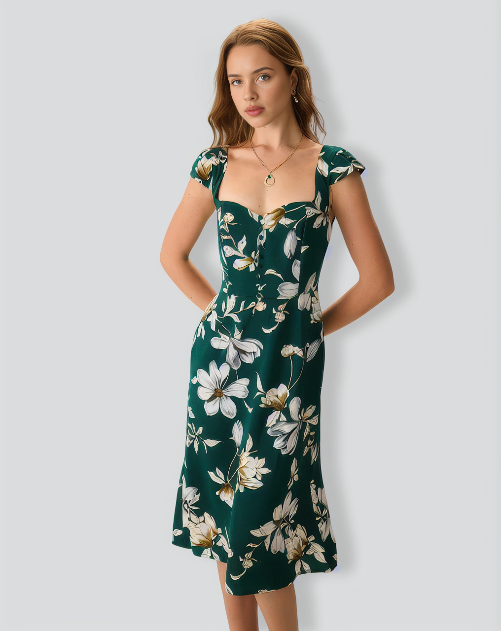 The Green Sweetheart Neck Cap Sleeve Floral Midi Dress